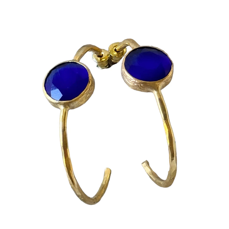 Gold Hoop with Blue Stone Earrings