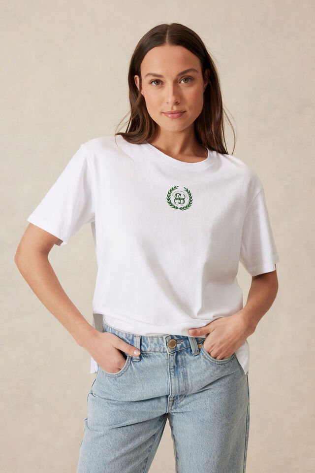 Slouchy Spilt Hem Tee / White Winter Green Logo