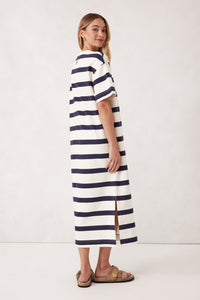 Midi Terry Dress / White & Navy Bold Stripe