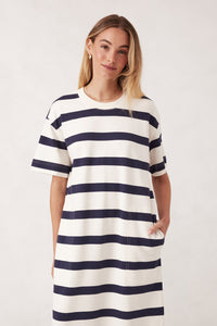 Midi Terry Dress / White & Navy Bold Stripe