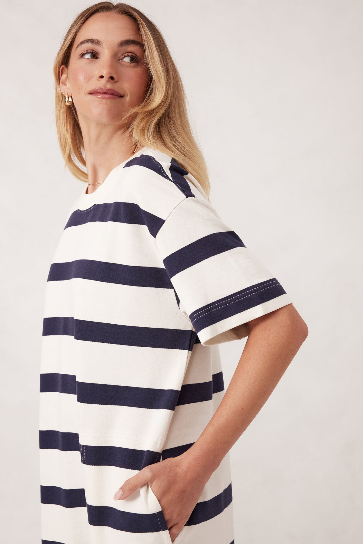 Midi Terry Dress / White & Navy Bold Stripe