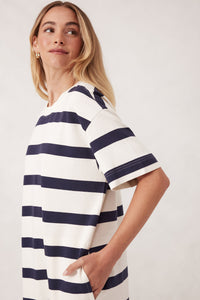 Midi Terry Dress / White & Navy Bold Stripe