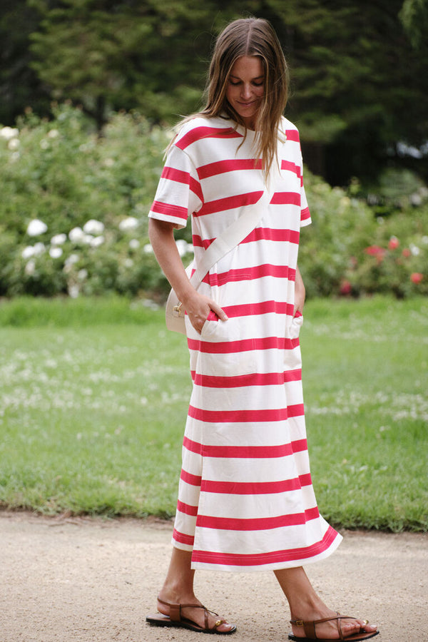 Midi Terry Dress / White & Red Bold Stripe