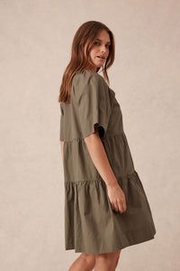 Tiered Poplin Mini Dress / Soft Olive