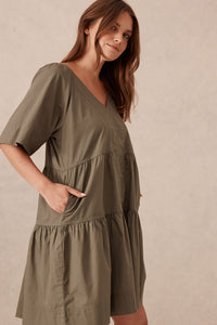 Tiered Poplin Mini Dress / Soft Olive