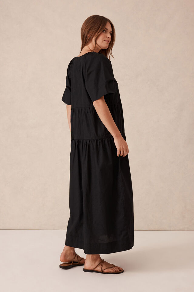 Tiered Poplin Midi Dress / Black