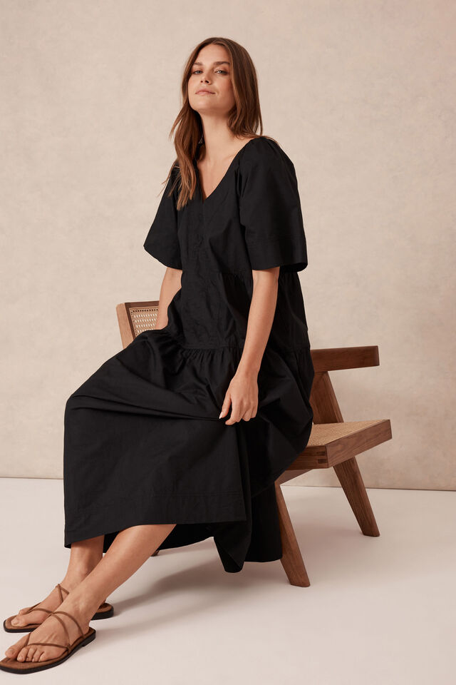 Tiered Poplin Midi Dress / Black