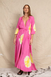 Sphere Ruffle Neck Dress in Fuschia Dye