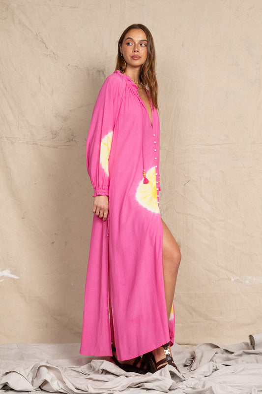 Sphere Ruffle Neck Dress in Fuschia Dye