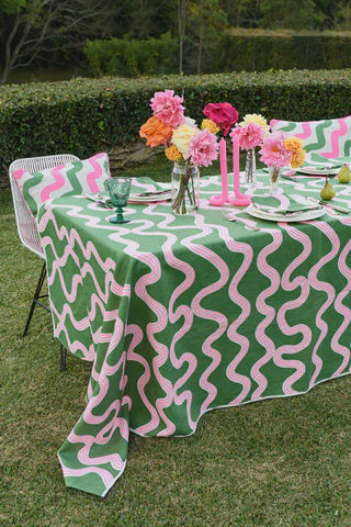 Green & Highlighter Pink Spaghetti off-white Linen Tablecloth / 250 x 145