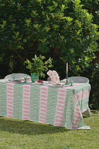 Green & Pink Turkish Stripe off-white Linen Tablecloth / 250 x 145