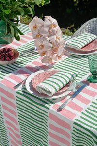 Green & Pink Turkish Stripe off-white Linen Tablecloth / 250 x 145