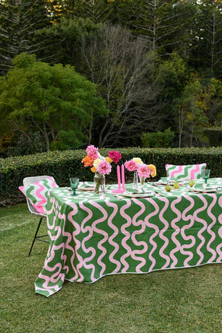 Green & Highlighter Pink Spaghetti off-white Linen Tablecloth / 250 x 145