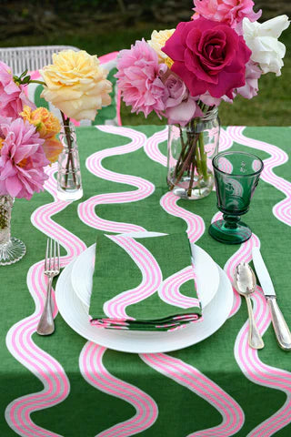 Green & Highlighter Pink Spaghetti off-white Linen Tablecloth / 250 x 145