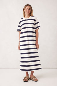 Midi Terry Dress / White & Navy Bold Stripe