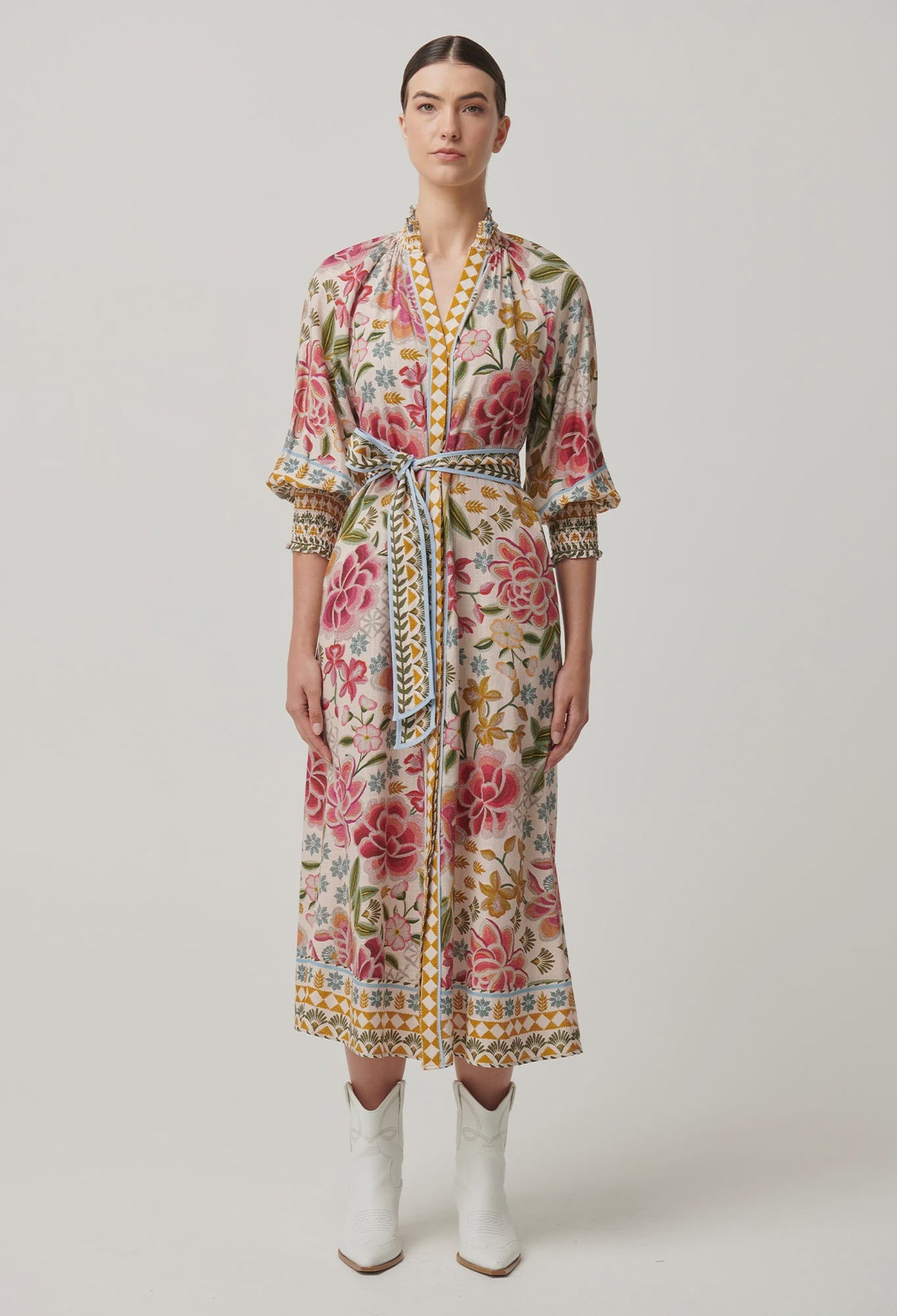 Carmen Viscose Linen Maxi Dress in Azalea Fields