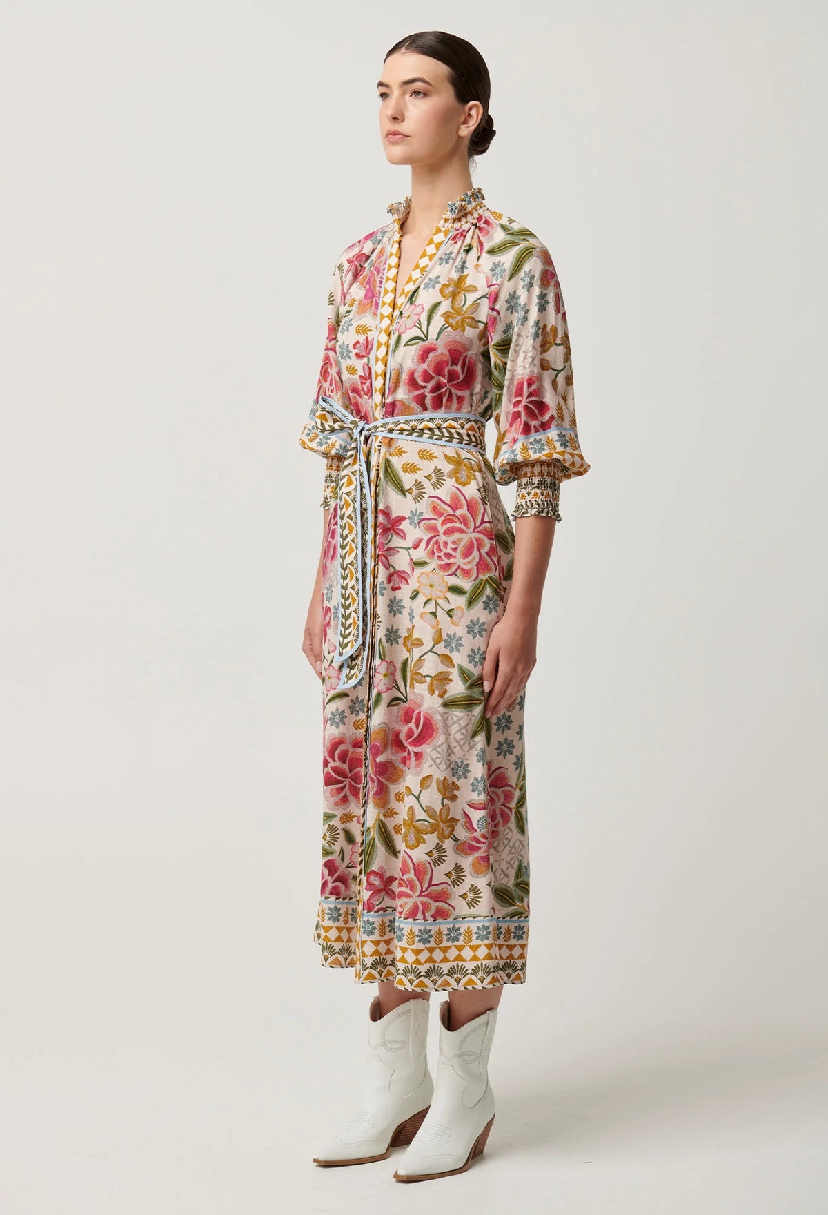 Carmen Viscose Linen Maxi Dress in Azalea Fields