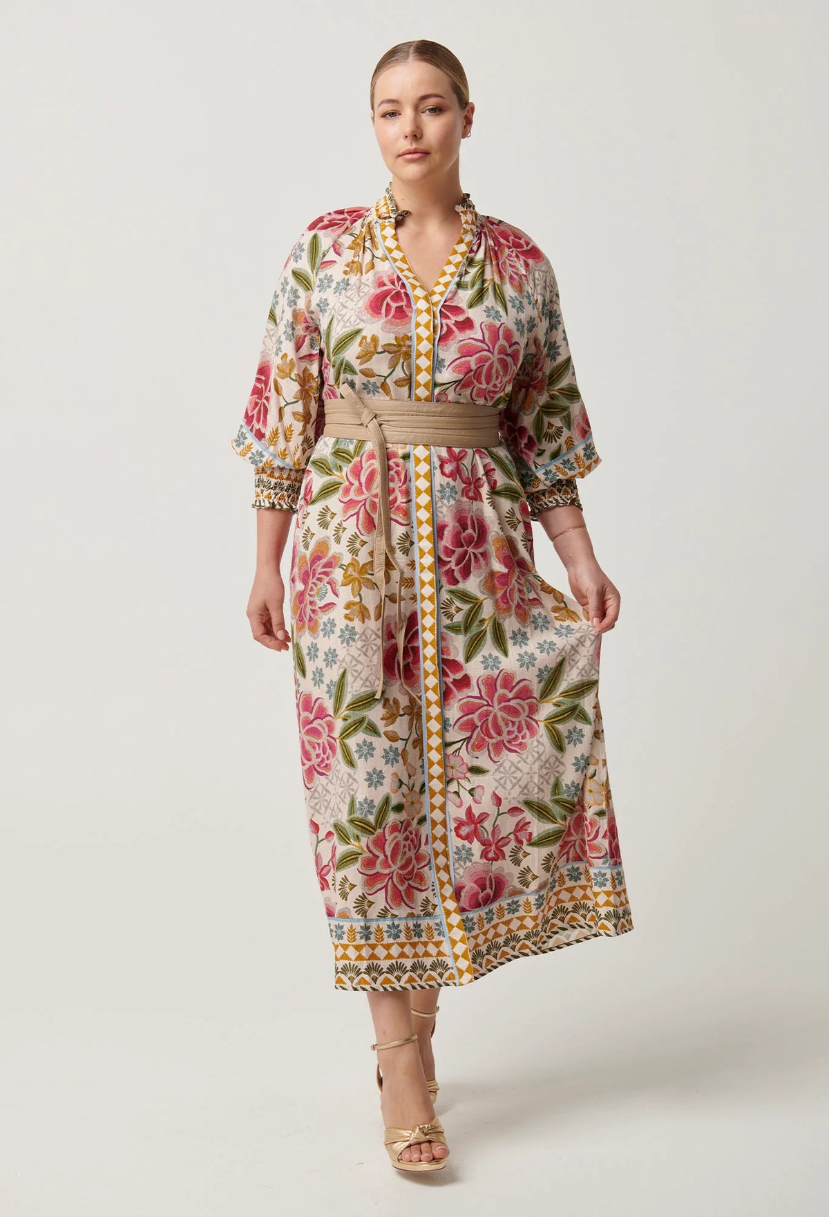 Carmen Viscose Linen Maxi Dress in Azalea Fields