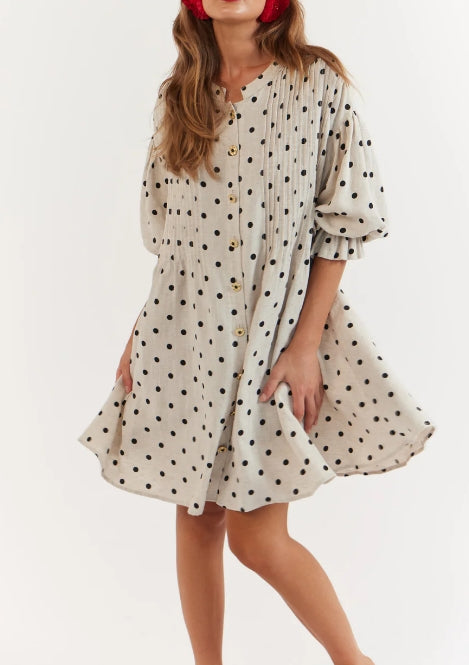 Poppy Mini Dress / Oat Polka Linen