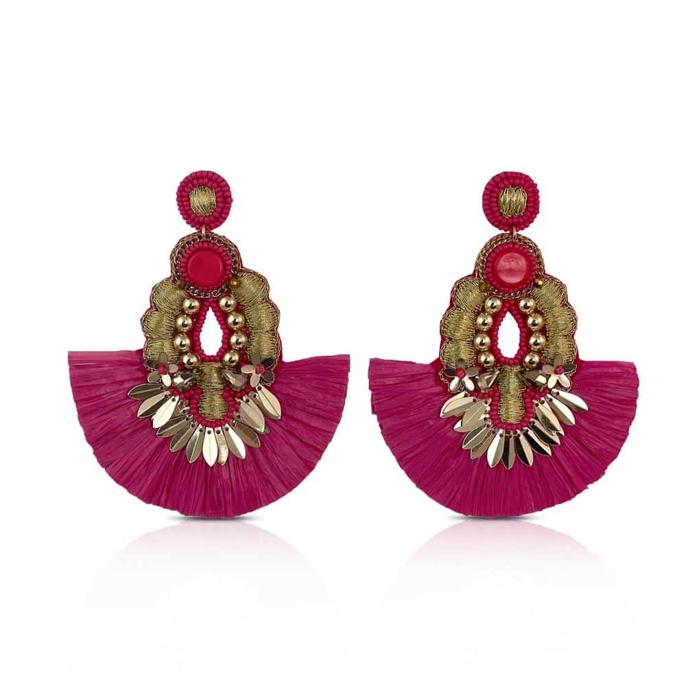 Statement Sequin Raffia Earrings / Hot Pink