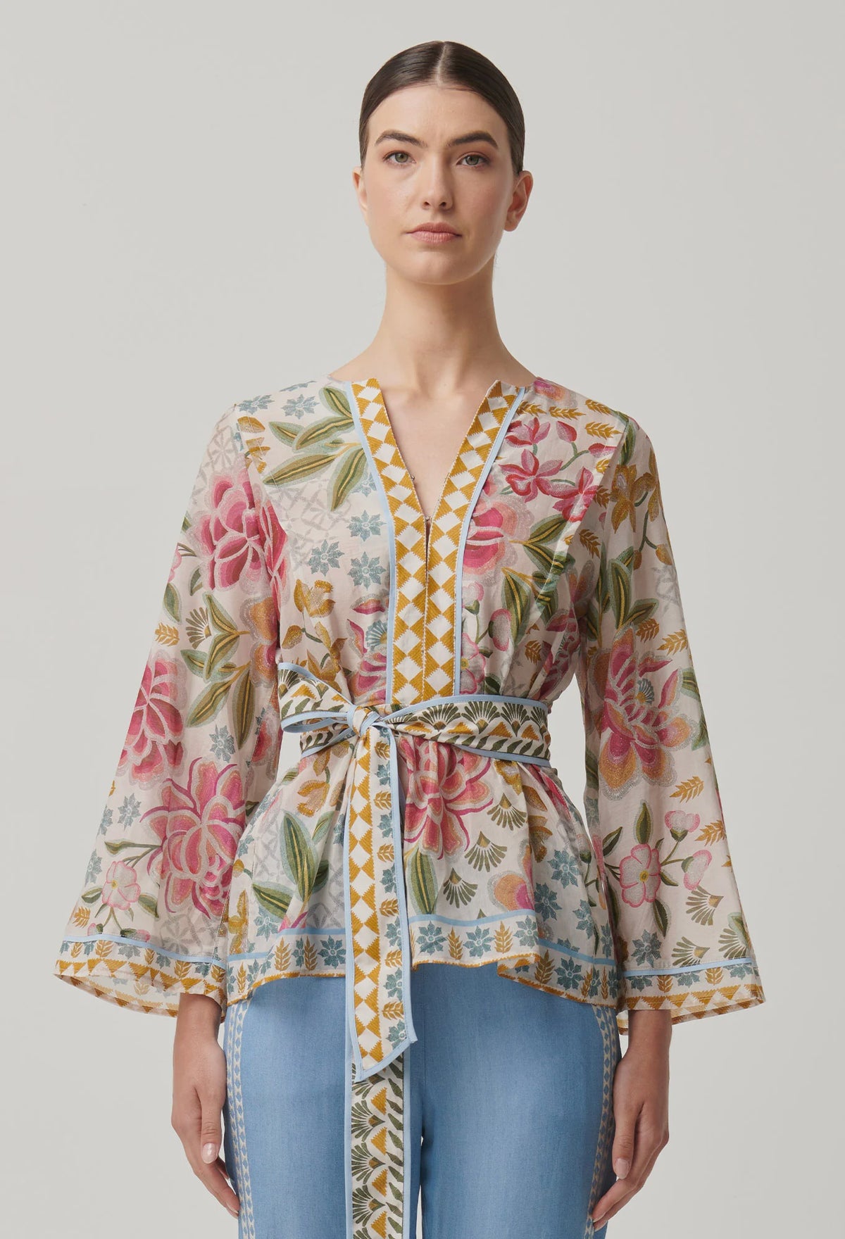 Emery Cotton Silk Kaftan Tie Top in Azalea Fields