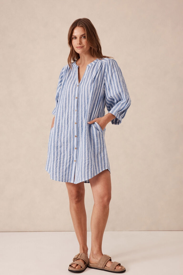 Crinkle Mini Dress / Fresh Cobalt White Stripe