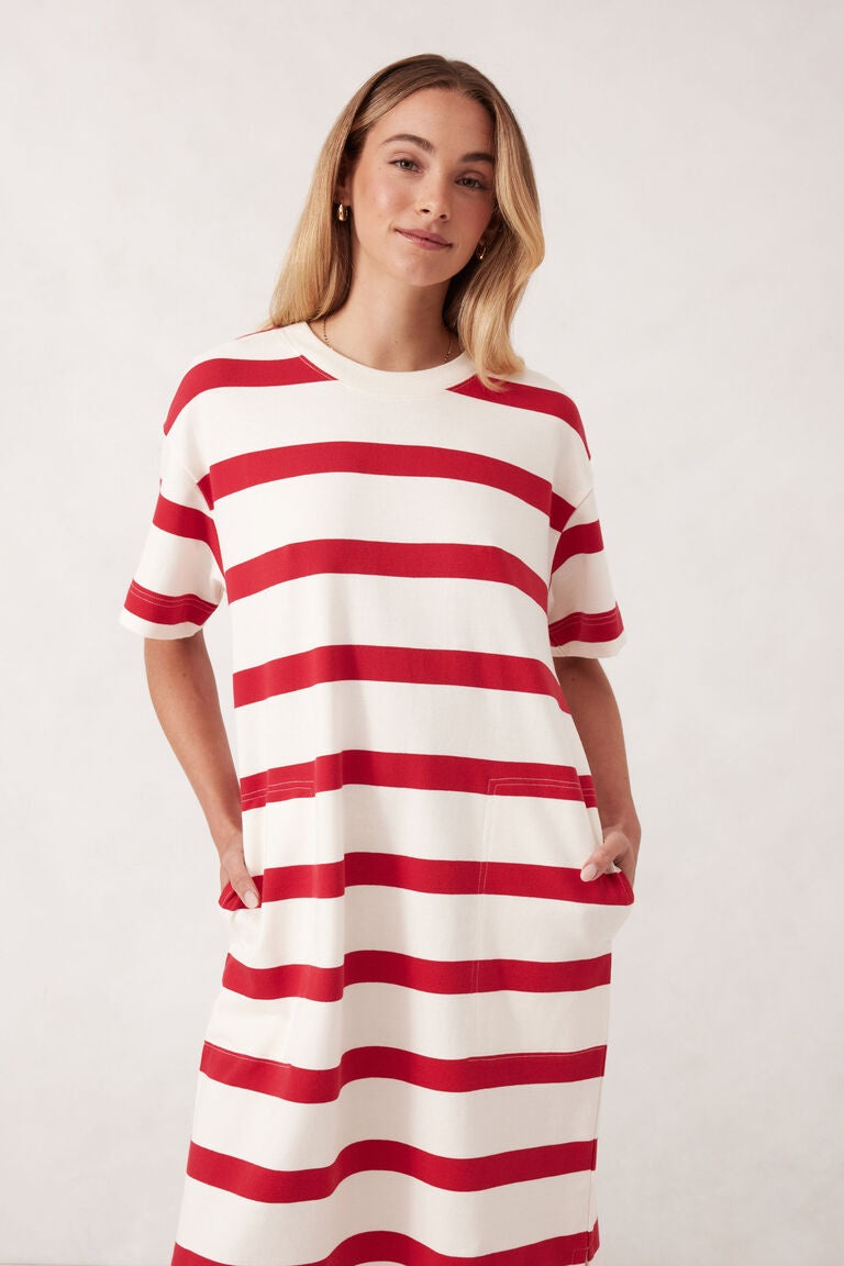 Midi Terry Dress / White & Red Bold Stripe